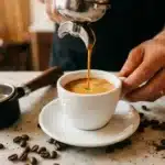 Barista versant du café dans une tasse blanche
