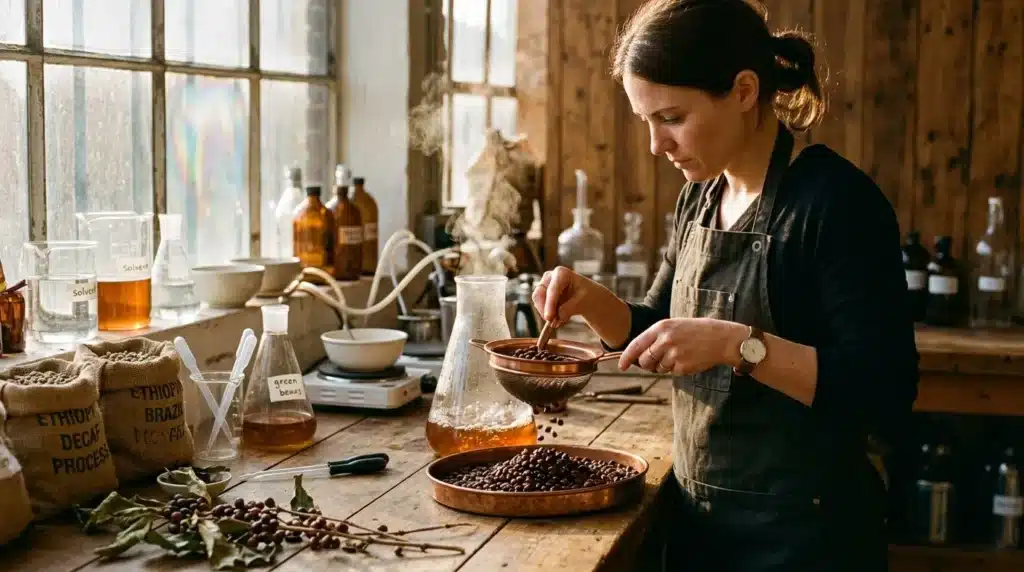 Femme triant les grains de café dans un laboratoire