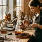 Femme triant les grains de café dans un laboratoire