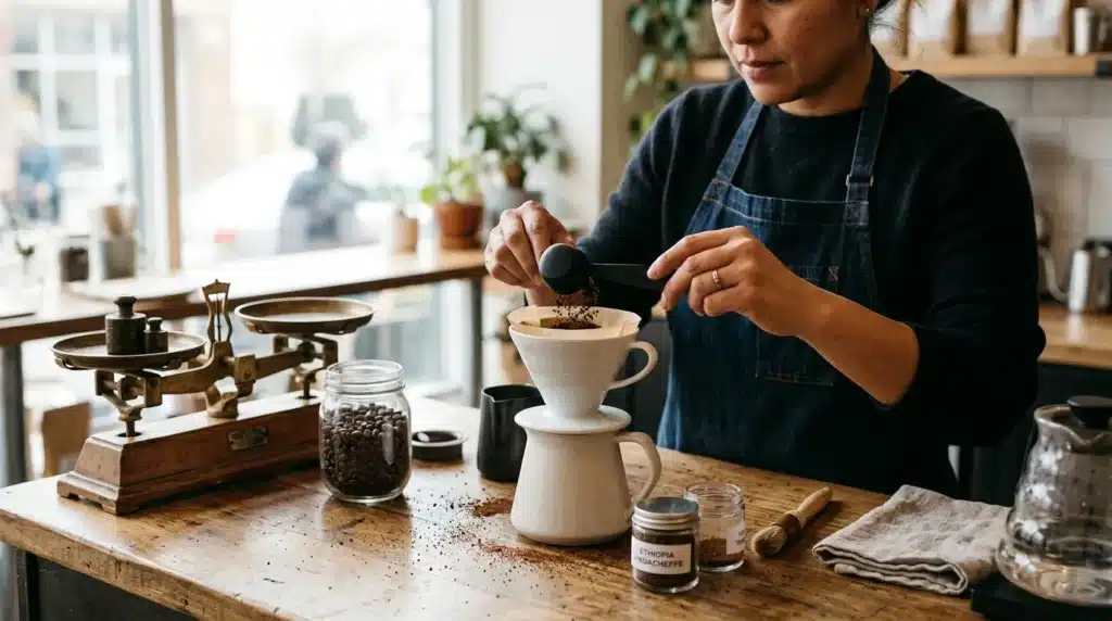 Barista versant du café moulu dans un filtre blanc
