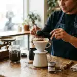 Barista versant du café moulu dans un filtre blanc