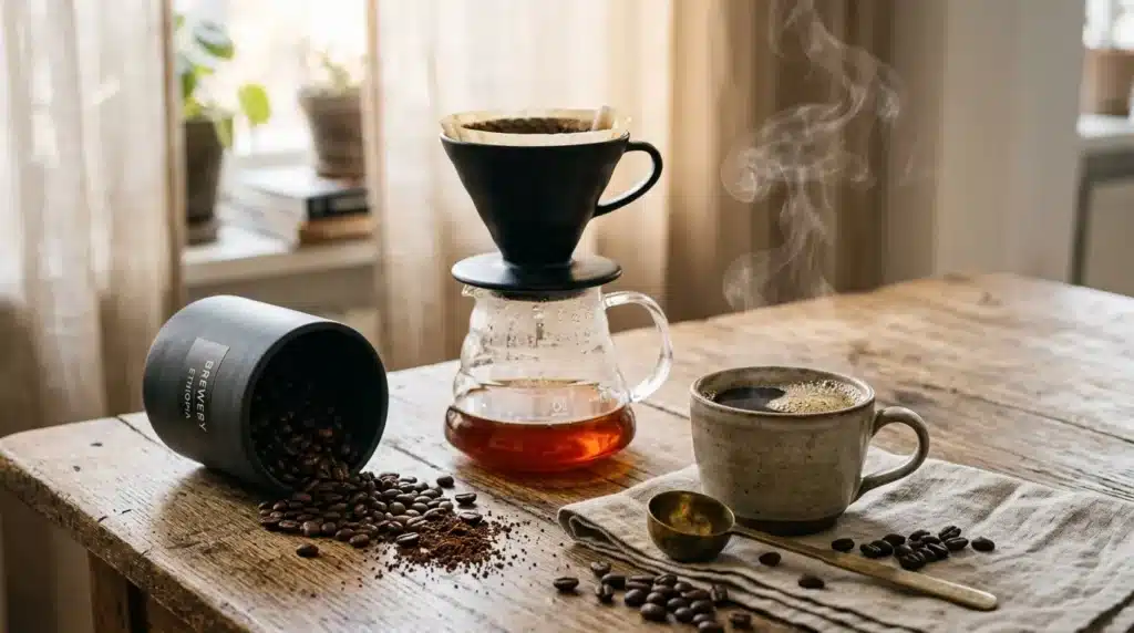 Café fraîchement versé avec grains et équipement de brewing