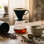 Café fraîchement versé avec grains et équipement de brewing