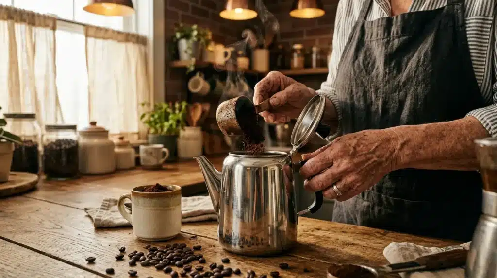 Barista versant café moulu dans une cafetière métallique