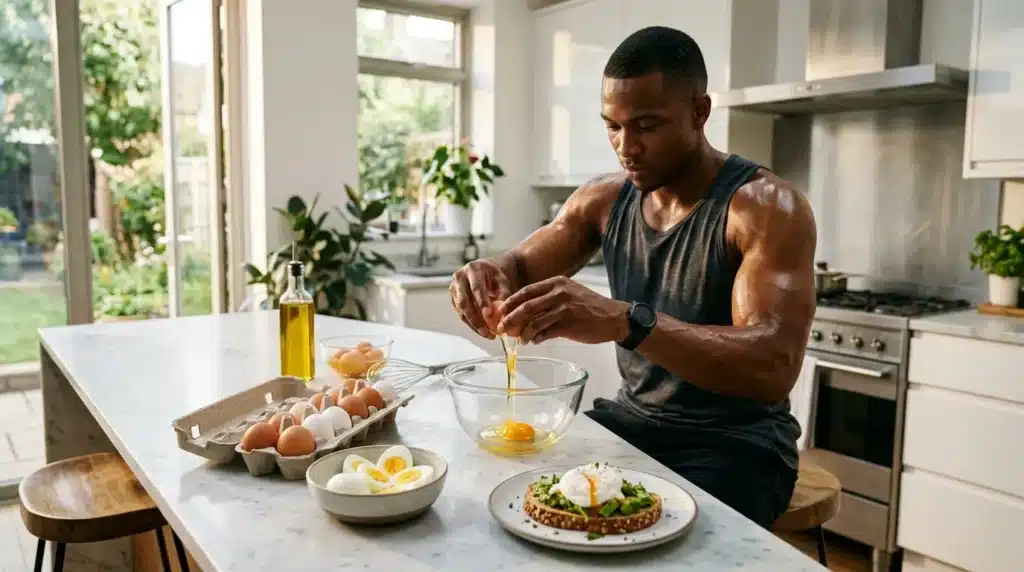 Homme musclé préparant un repas sain avec œufs et avocado