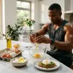 Homme musclé préparant un repas sain avec œufs et avocado