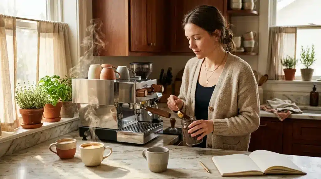 Femme préparant un espresso dans sa cuisine moderne et lumineuse