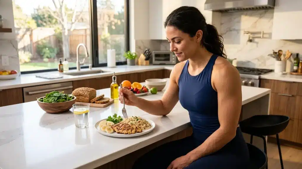 Femme mangeant un repas équilibré à la cuisine