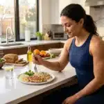 Femme mangeant un repas équilibré à la cuisine