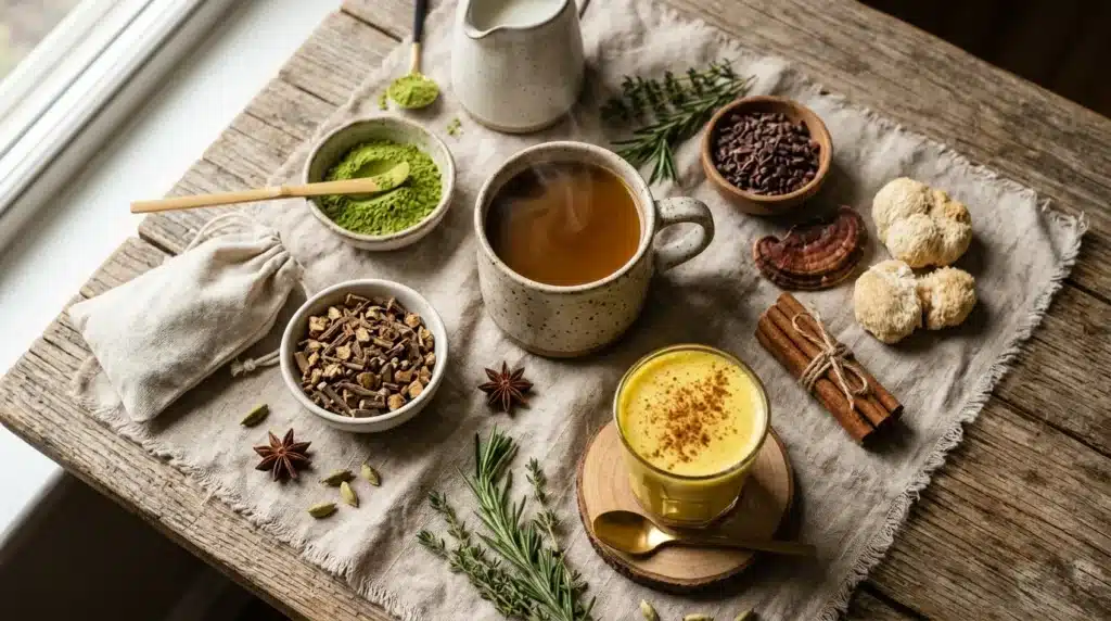 Assortiment de thés, épices et herbes aromatiques sur tissu