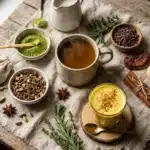 Assortiment de thés, épices et herbes aromatiques sur tissu