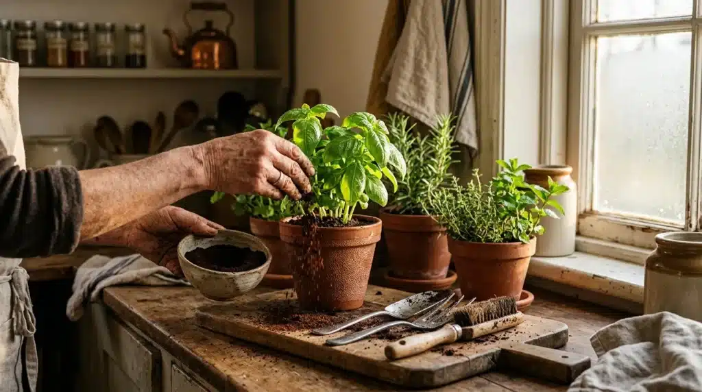 Mains arrosant des plantes en pots sur table rustique