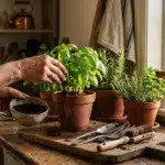 Mains arrosant des plantes en pots sur table rustique