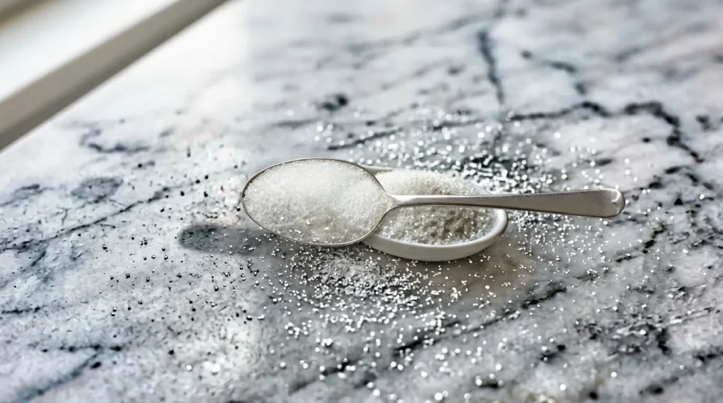 Deux cuillères remplies de sucre blanc granulé fin