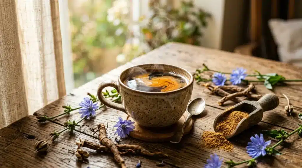 Tasse de tisane chaude avec fleurs bleues et poudre de chicorée