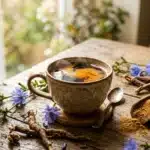 Tasse de tisane chaude avec fleurs bleues et poudre de chicorée