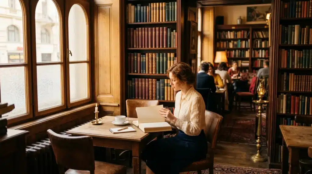 Femme travaillant sur un laptop dans une bibliothèque ancienne.