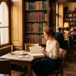 Femme travaillant sur un laptop dans une bibliothèque ancienne.